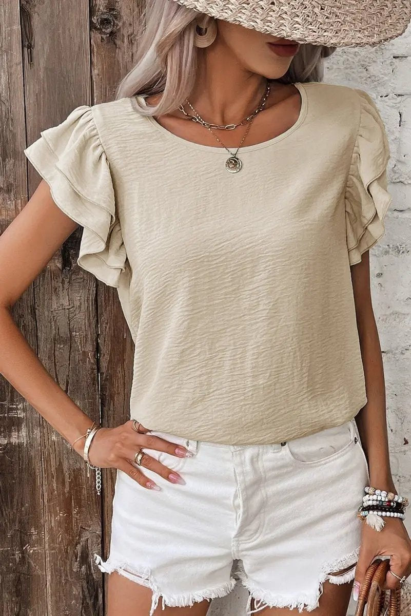 Love Salve Beige Blouse Women&#39;s Daily Wear Ruffle Sleeve Elegant Top