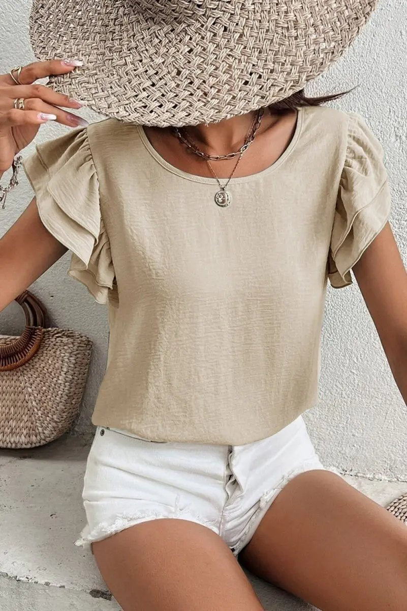Love Salve Beige Blouse Women&#39;s Daily Wear Ruffle Sleeve Elegant Top