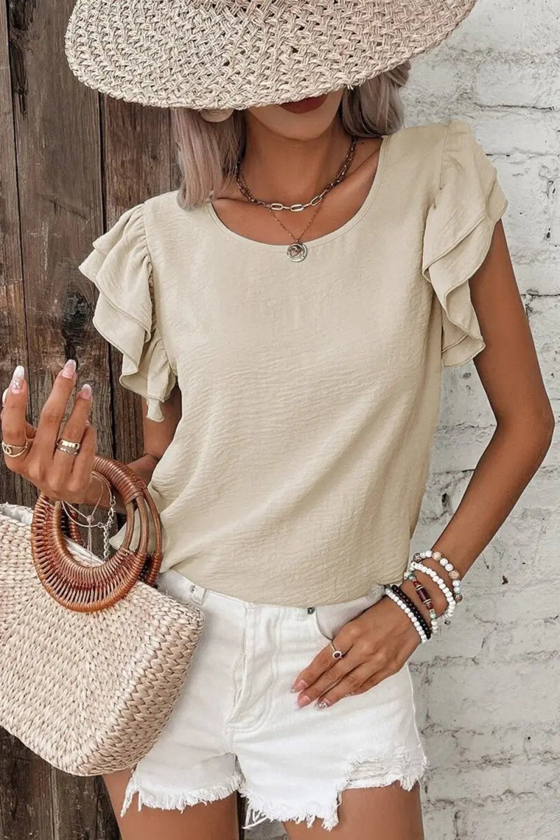 Love Salve Beige Blouse Women&#39;s Daily Wear Ruffle Sleeve Elegant Top