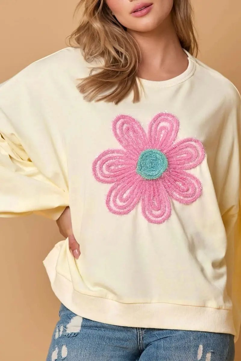 Love Salve Beige Floral Sweatshirt Women&amp;#39;s Daily Wear Pullover Top - Dropped Sleeve, Embroidery
