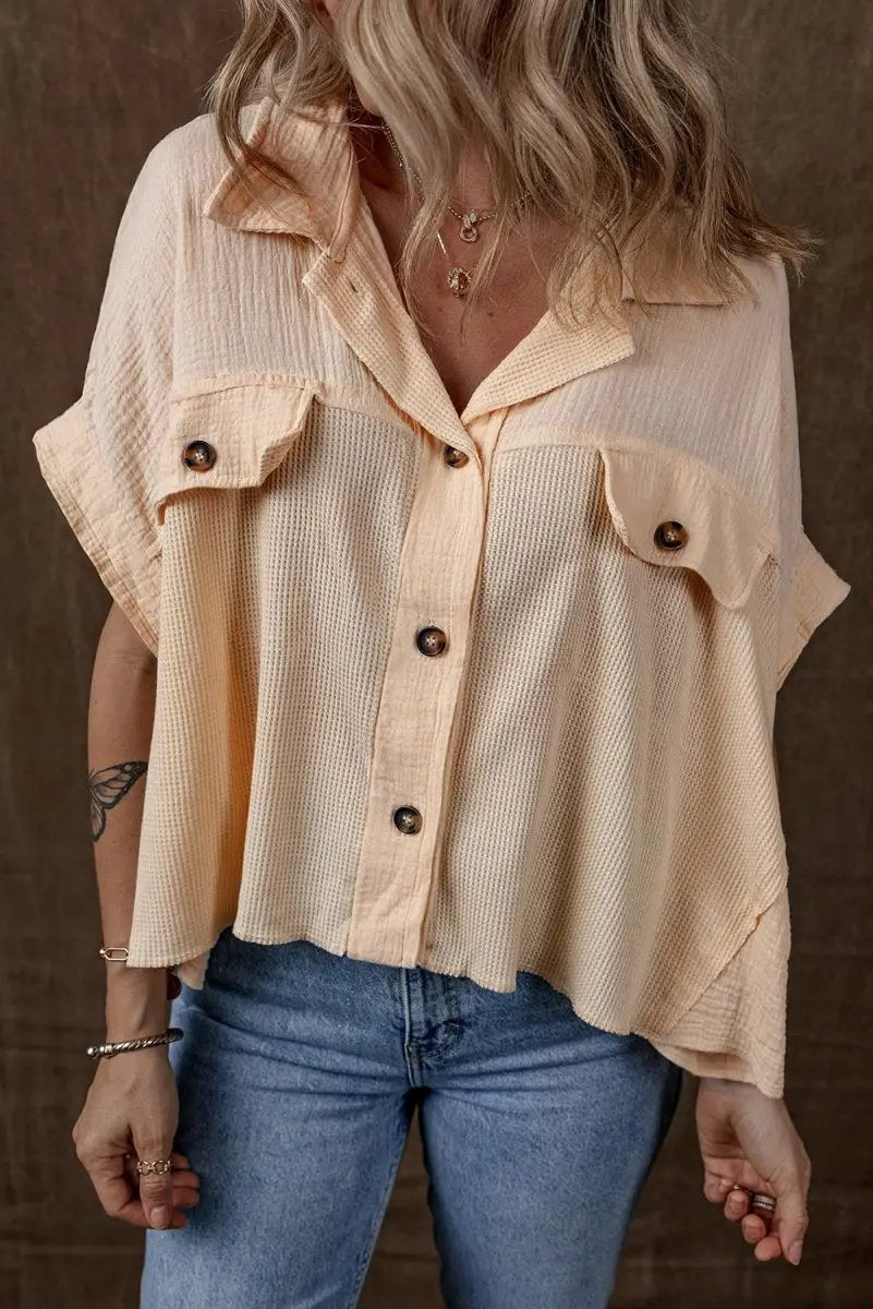 Love Salve Beige Waffle Knit Top Women&amp;#39;s Casual Shirt: Batwing Sleeve, Summer