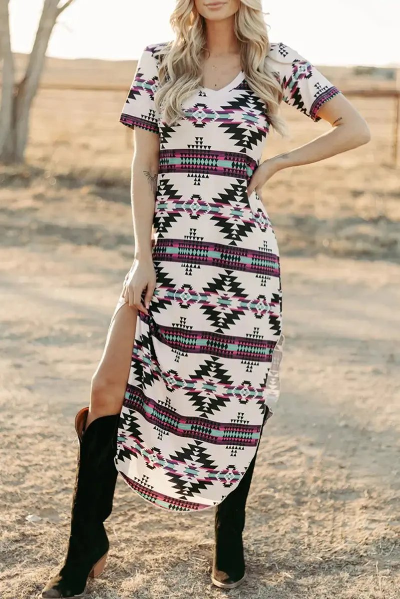 Love Salve Beige Aztec Print Dress Women&amp;#39;s Summer Casual T-Shirt Dress - Comfy &amp;amp; Stylish