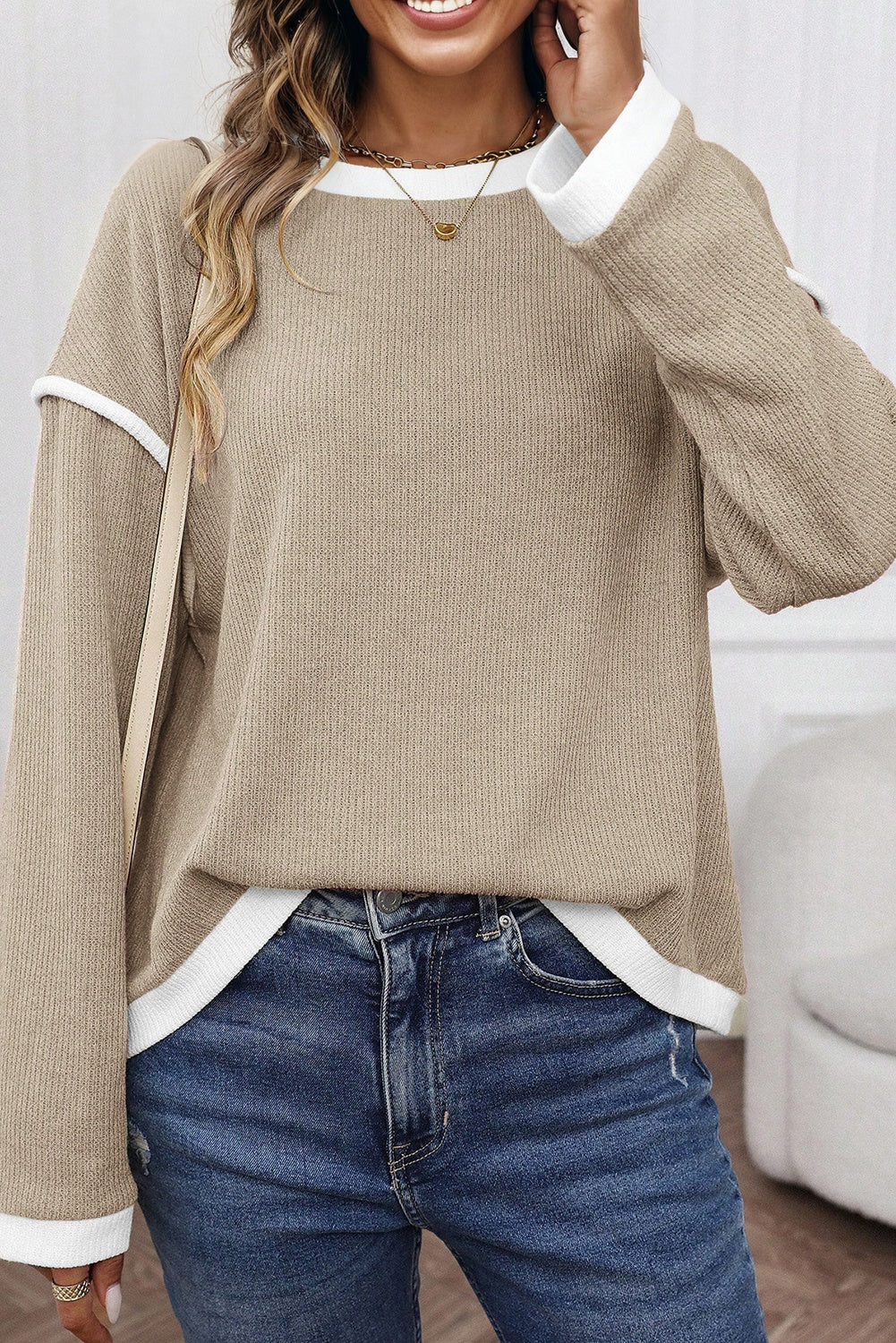 Contrast Trim Knit Drop Shoulder Top