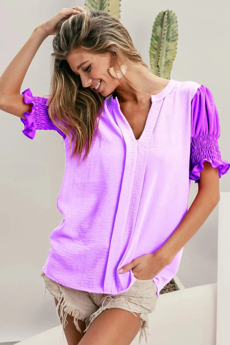 BiBi Air Flow Color Block Puff Sleeves V Neck Top for Women