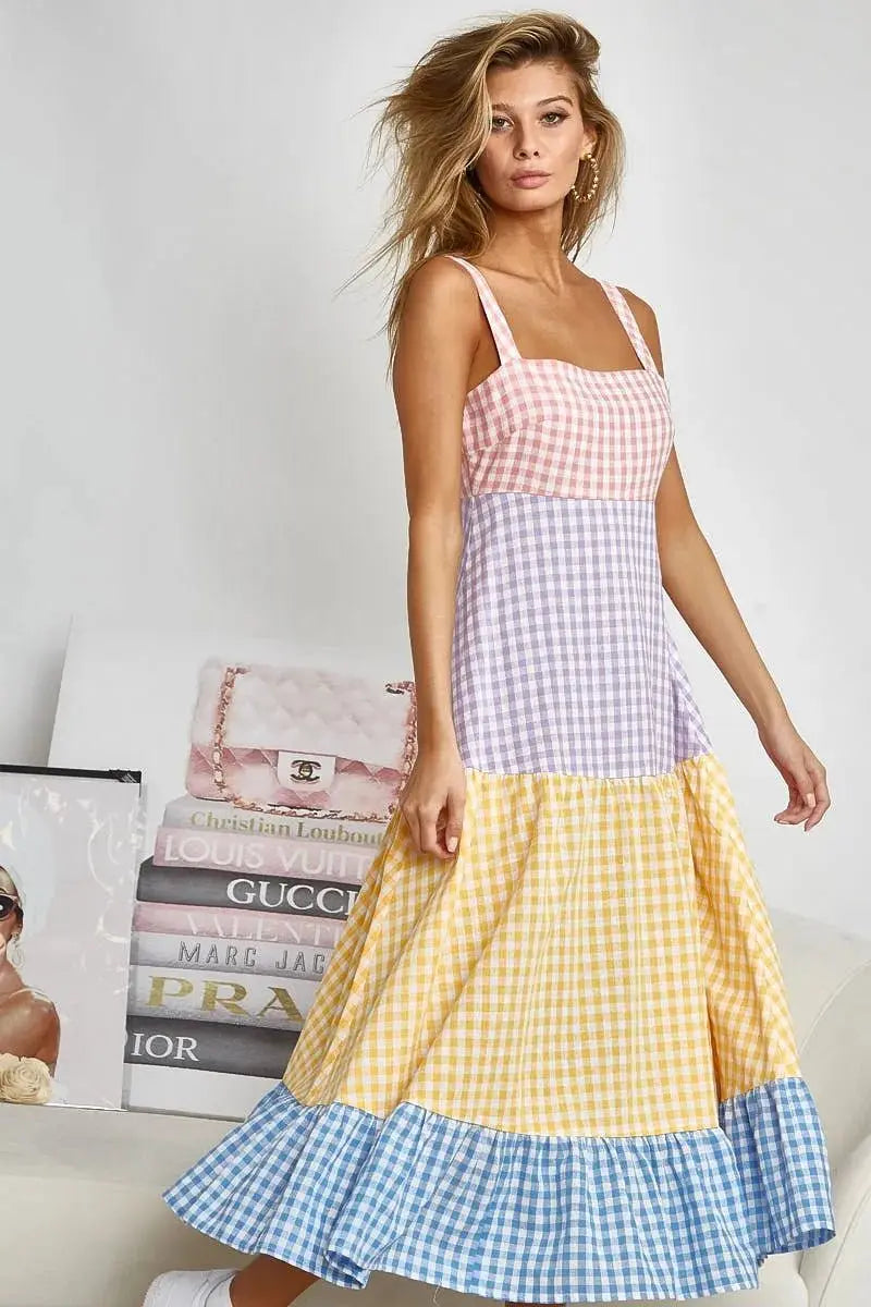 Trendsi Gingham Dress Color Block Women&#39;s Summer Casual Dress Tiered, Fun