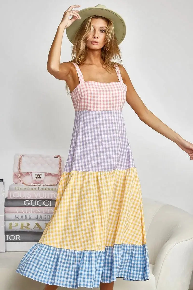 Trendsi Gingham Dress Color Block Women&#39;s Summer Casual Dress Tiered, Fun