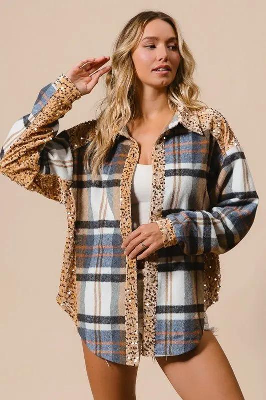 Trendsi Sequin Plaid Shacket Women&amp;#39;s Casual Button Up Shirt - Curved Hem, Trendy