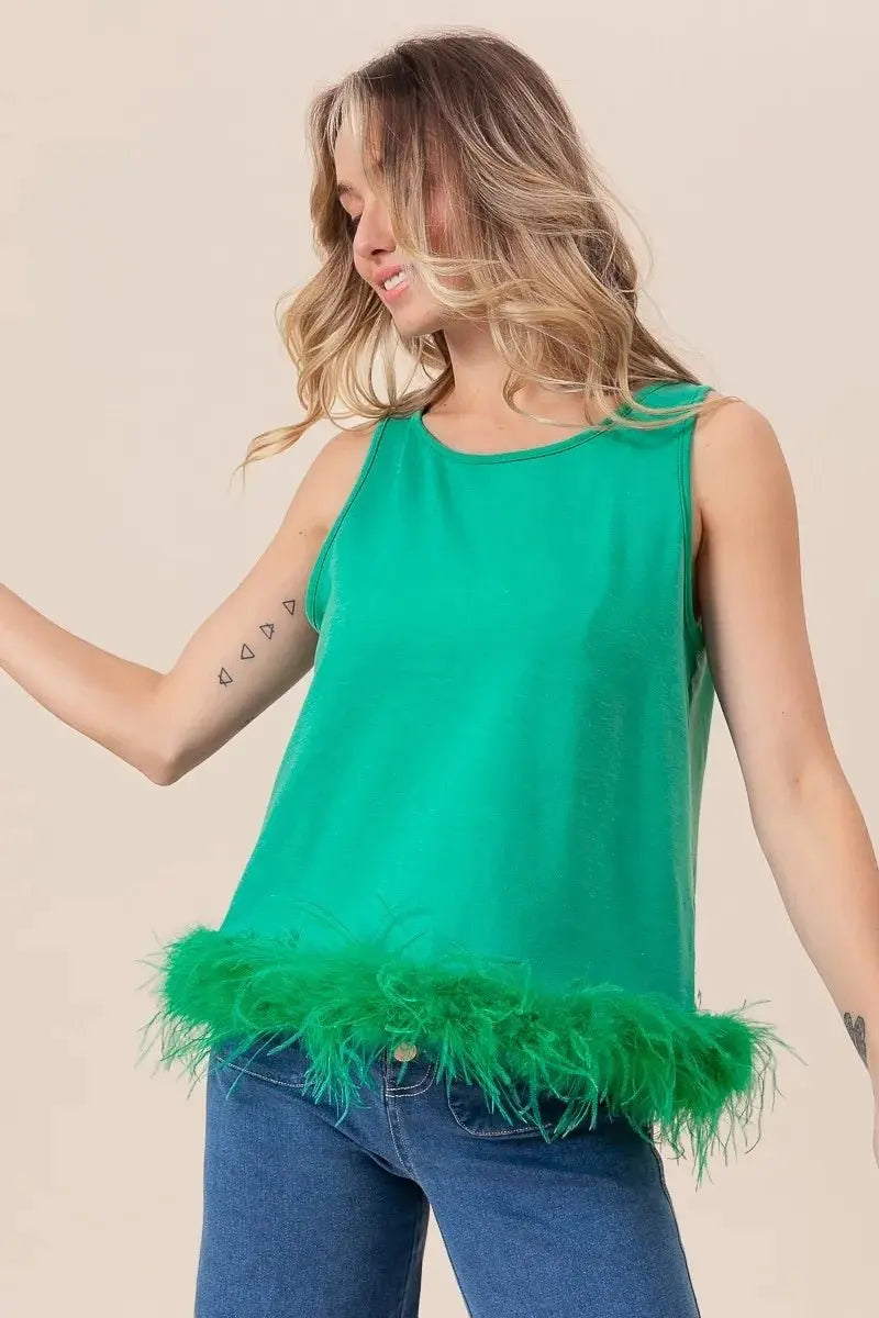 Trendsi French Terry Top Women&amp;#39;s Casual Faux Feather Tie Back Tank Top