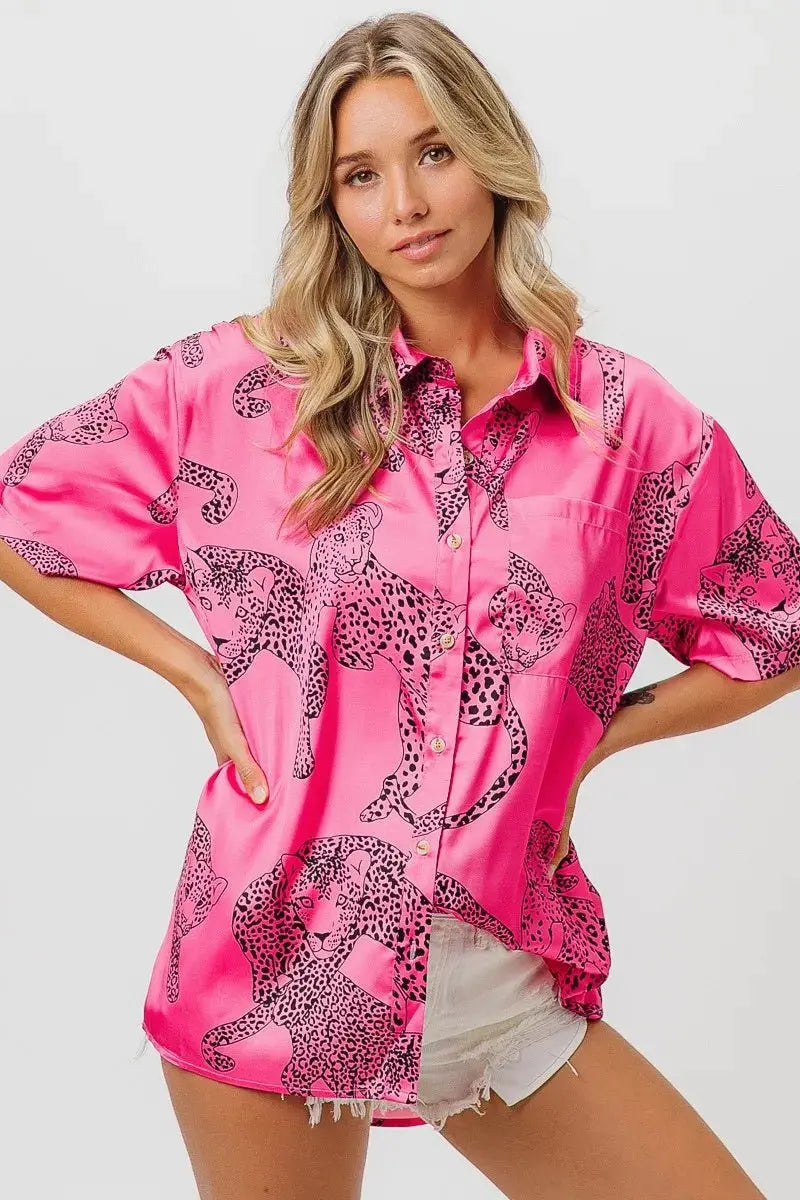Trendsi Leopard Print Shirt Women&amp;#39;s Casual Silky Satin Top - Short Sleeve, USA Ship