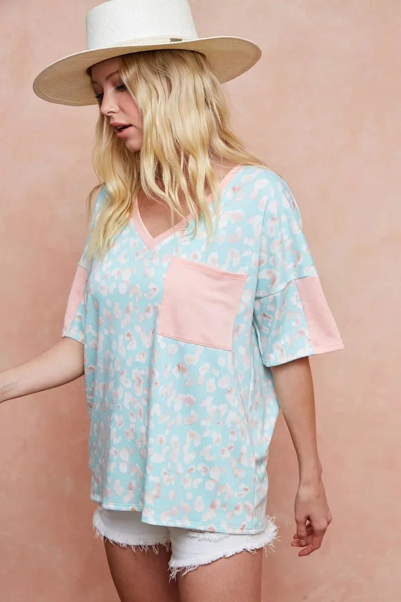 BiBi Multi Color Leopard Printed French Terry T-Shirt for Women