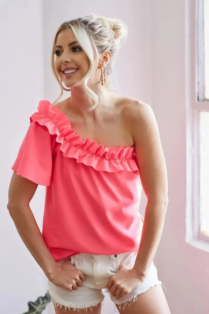 Trendsi BiBi Crepe Top Women&amp;#39;s Party/Date Night One-Shoulder Ruffled Asymmetrical Shirt
