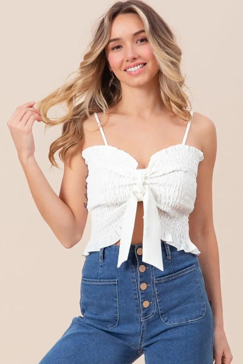 Trendsi Ruffled Smocked Cami Women&amp;#39;s Casual Top Ribbon Detail USA Ship
