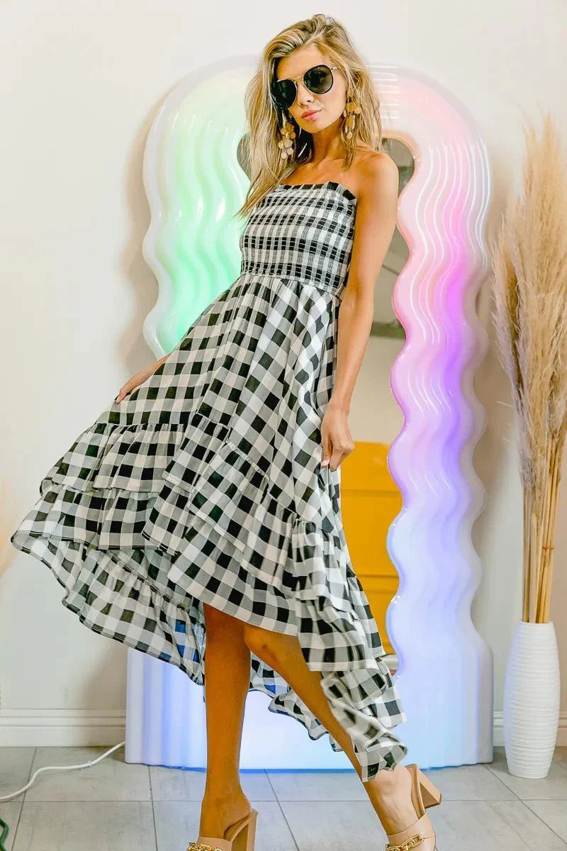 BiBi Smocked Body Off Shoulder Check Dress for Women