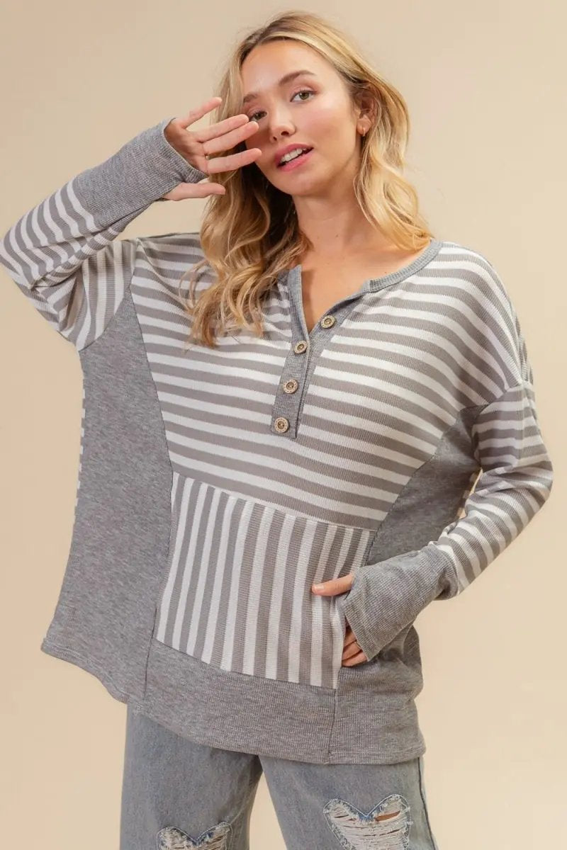 Striped Thumbhole Top Winter/Layering Women&amp;#39;s Long Sleeve Tee - Cozy &amp;amp; Stylish