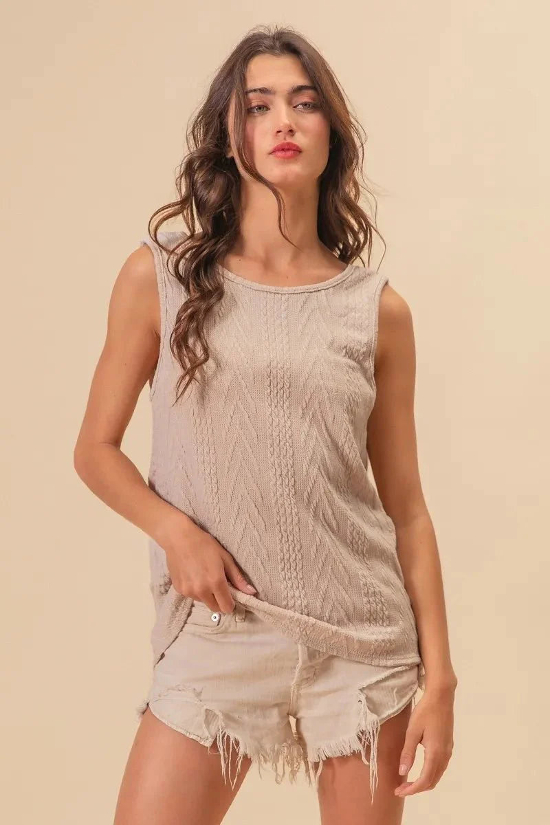 BiBi Textured Sweater Knit Twist Back Sleeveless Top