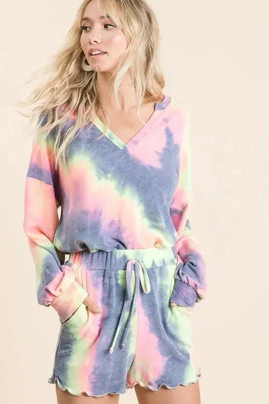 Tie Dye Set Women&amp;#39;s Loungewear French Terry Top &amp;amp; Shorts 2-Piece Comfy