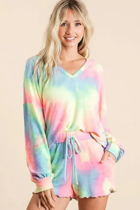 Trendsi Tie Dye Set Women&amp;#39;s Loungewear French Terry Top &amp;amp; Shorts 2-Piece Comfy