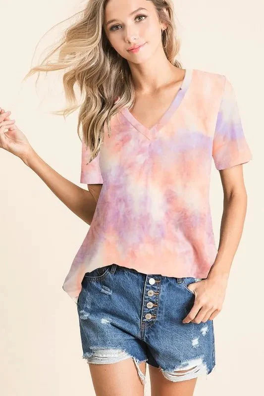 BiBi Tie Dye French Terry V Neck Top for Casual Style