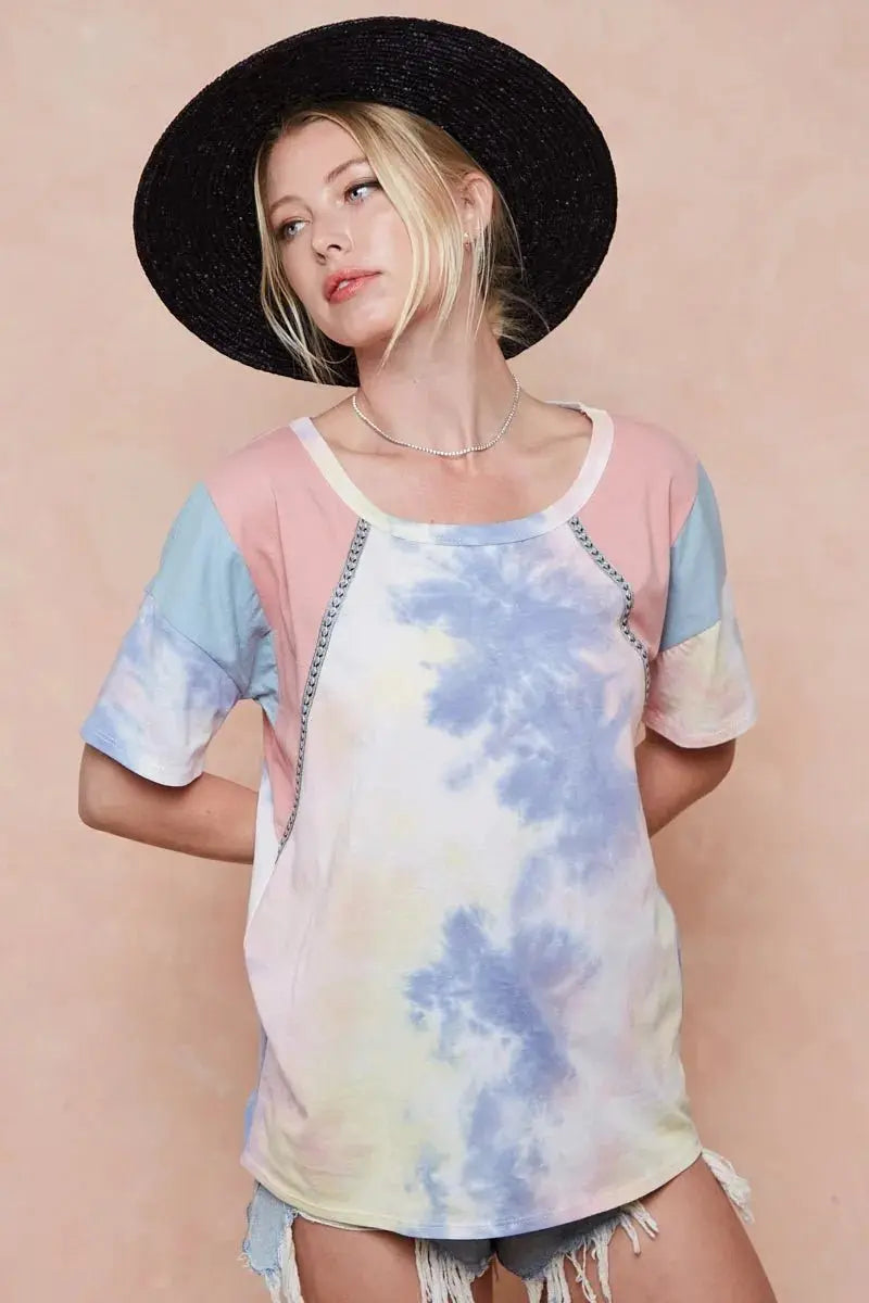 Trendsi Tie Dye Color Block Women&#39;s T-Shirt USA Shipped Cotton Tee