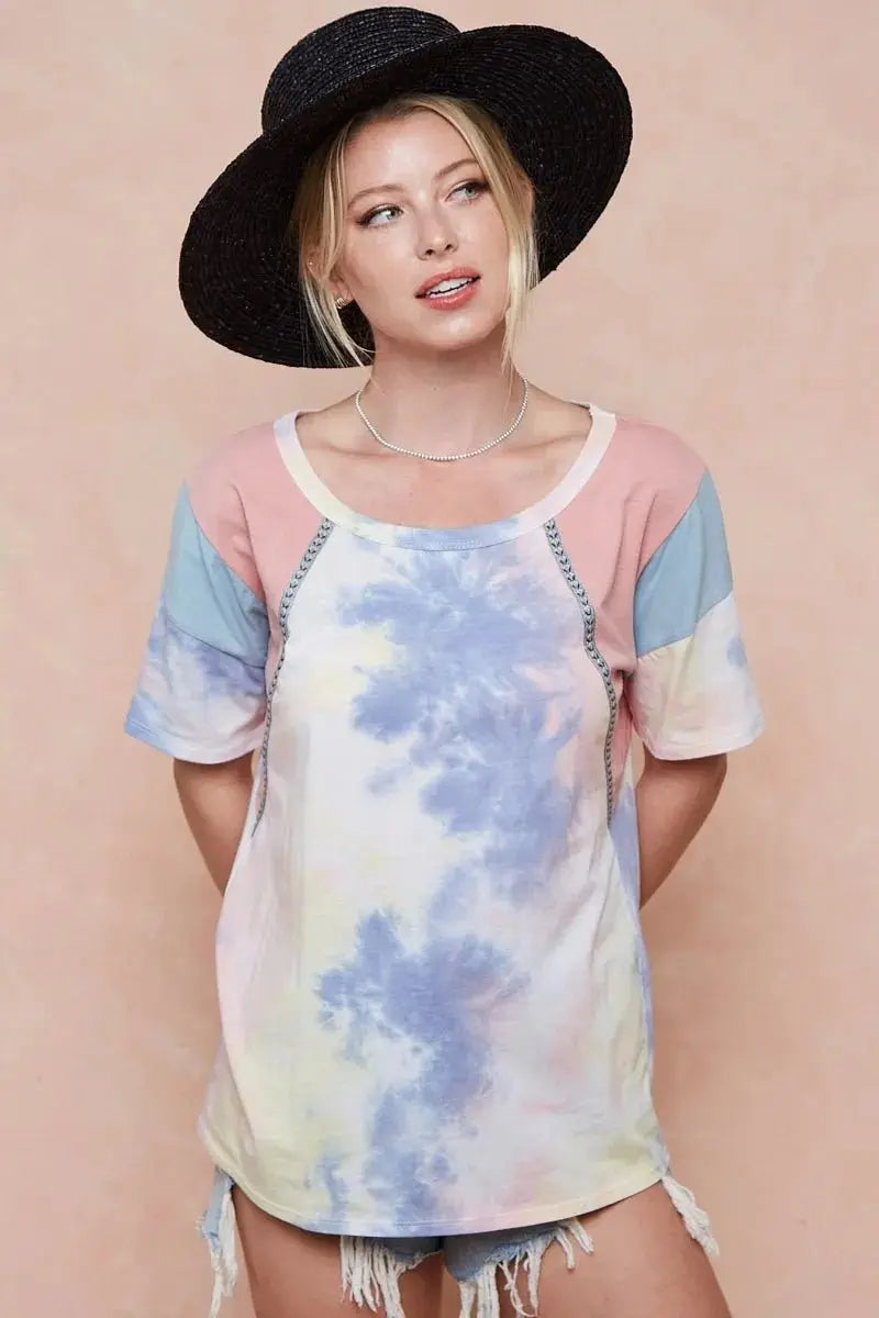 Trendsi Tie Dye Color Block Women&#39;s T-Shirt USA Shipped Cotton Tee