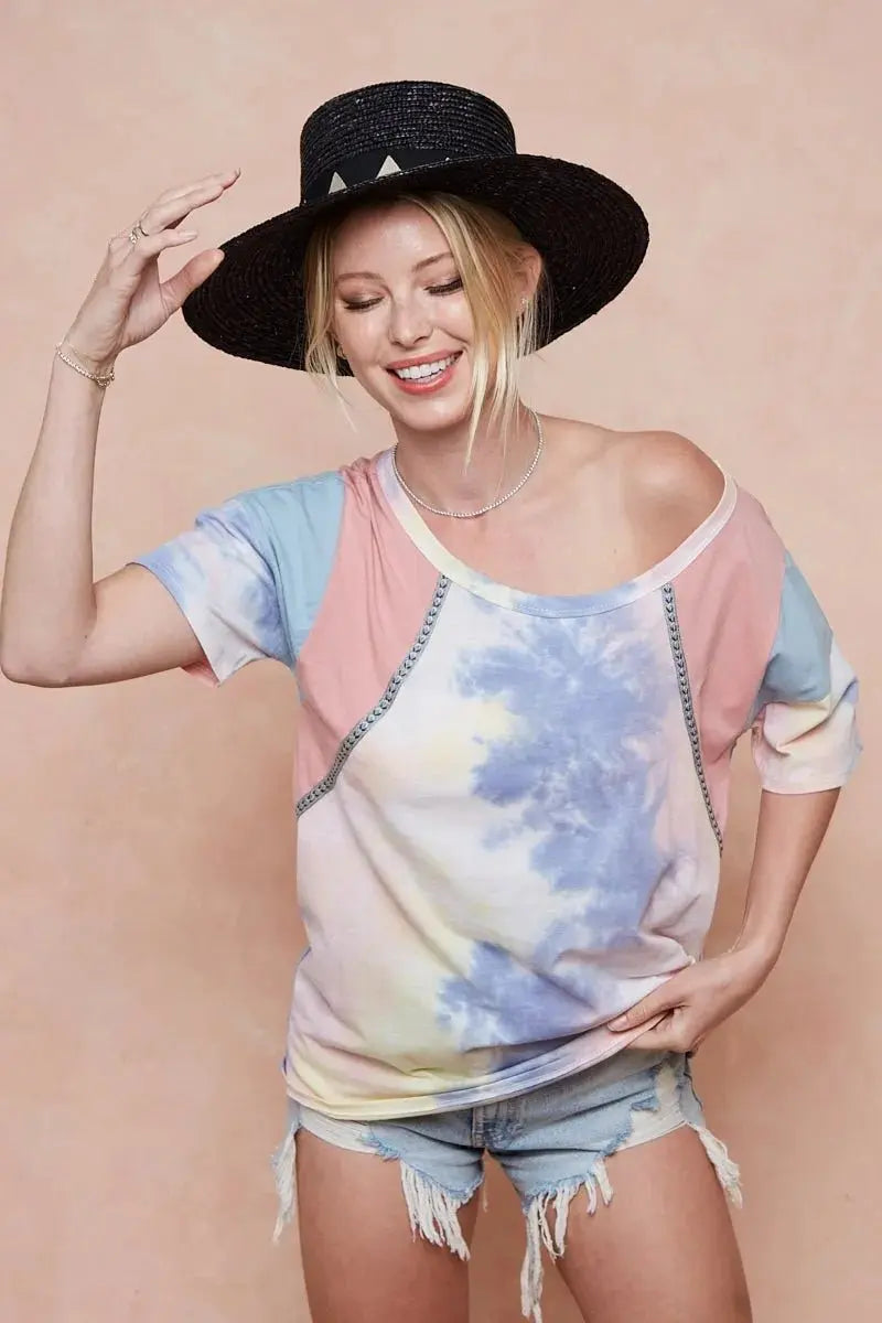 Trendsi Tie Dye Color Block Women&#39;s T-Shirt USA Shipped Cotton Tee