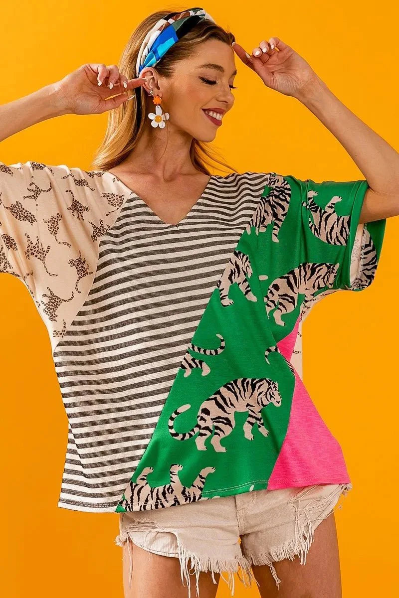 BiBi Tiger W Stripe Contrast Color Block V Neck Top for Women