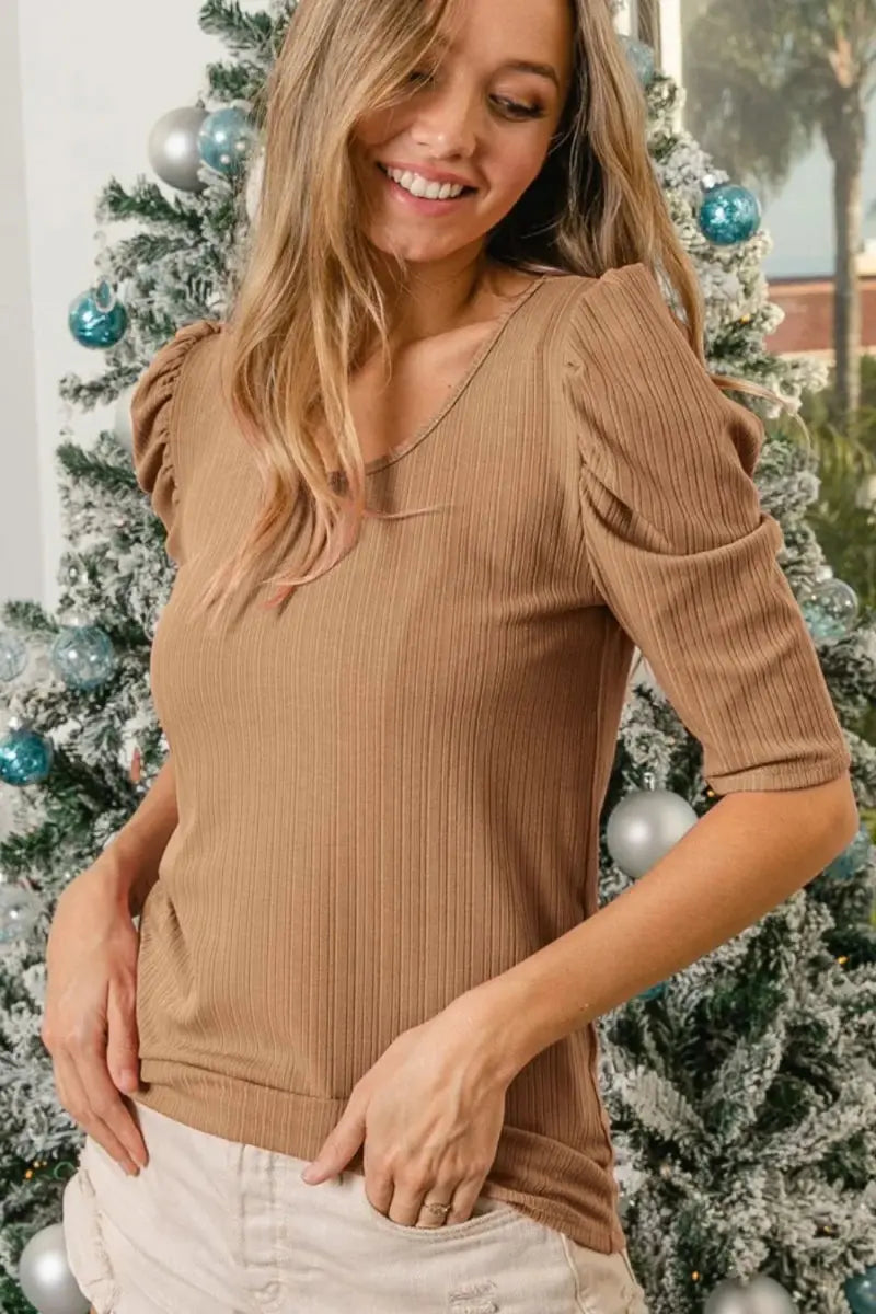 Trendsi Rib Knit Set Women&amp;#39;s Casual Top &amp;amp; Shorts Set Puff Sleeves USA Shipped