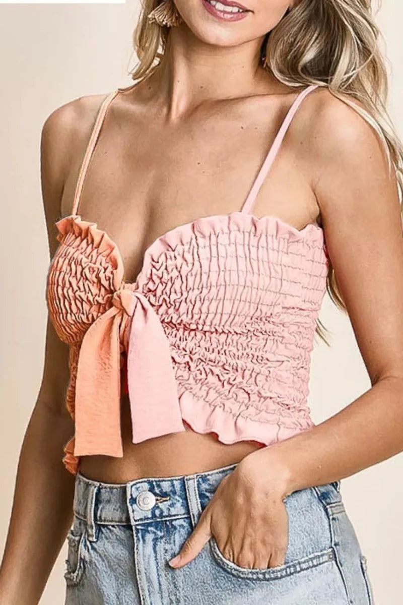 BiBi Woven Color Block Smocked with Ribbon Bra Top for Women