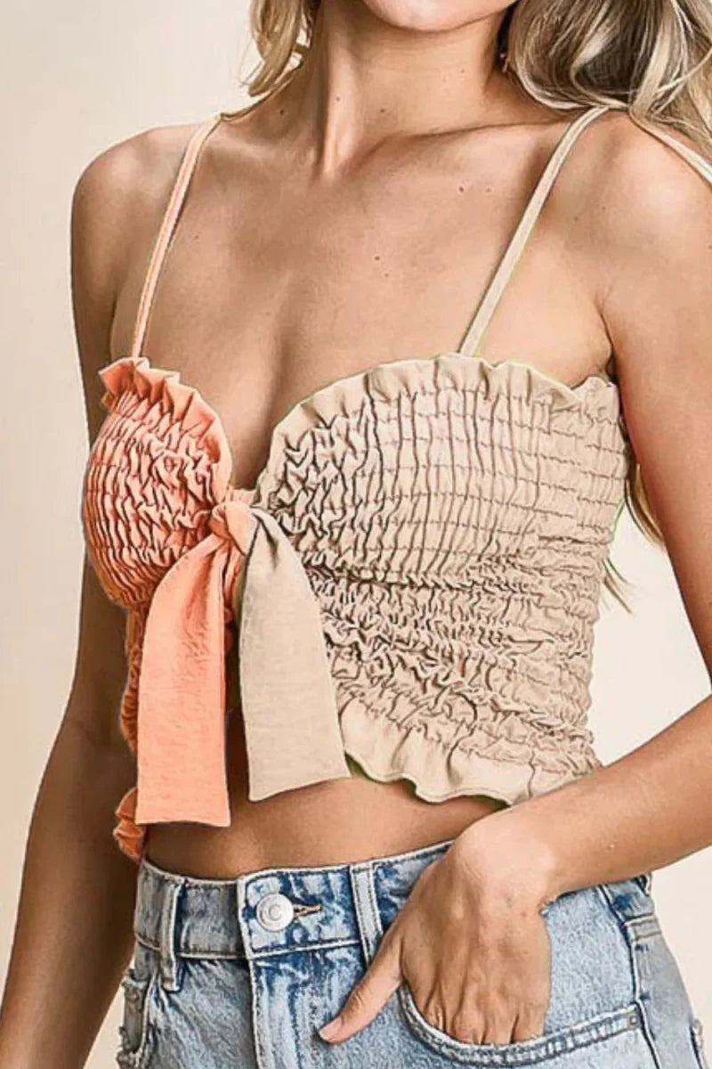 BiBi Woven Color Block Smocked with Ribbon Bra Top for Women