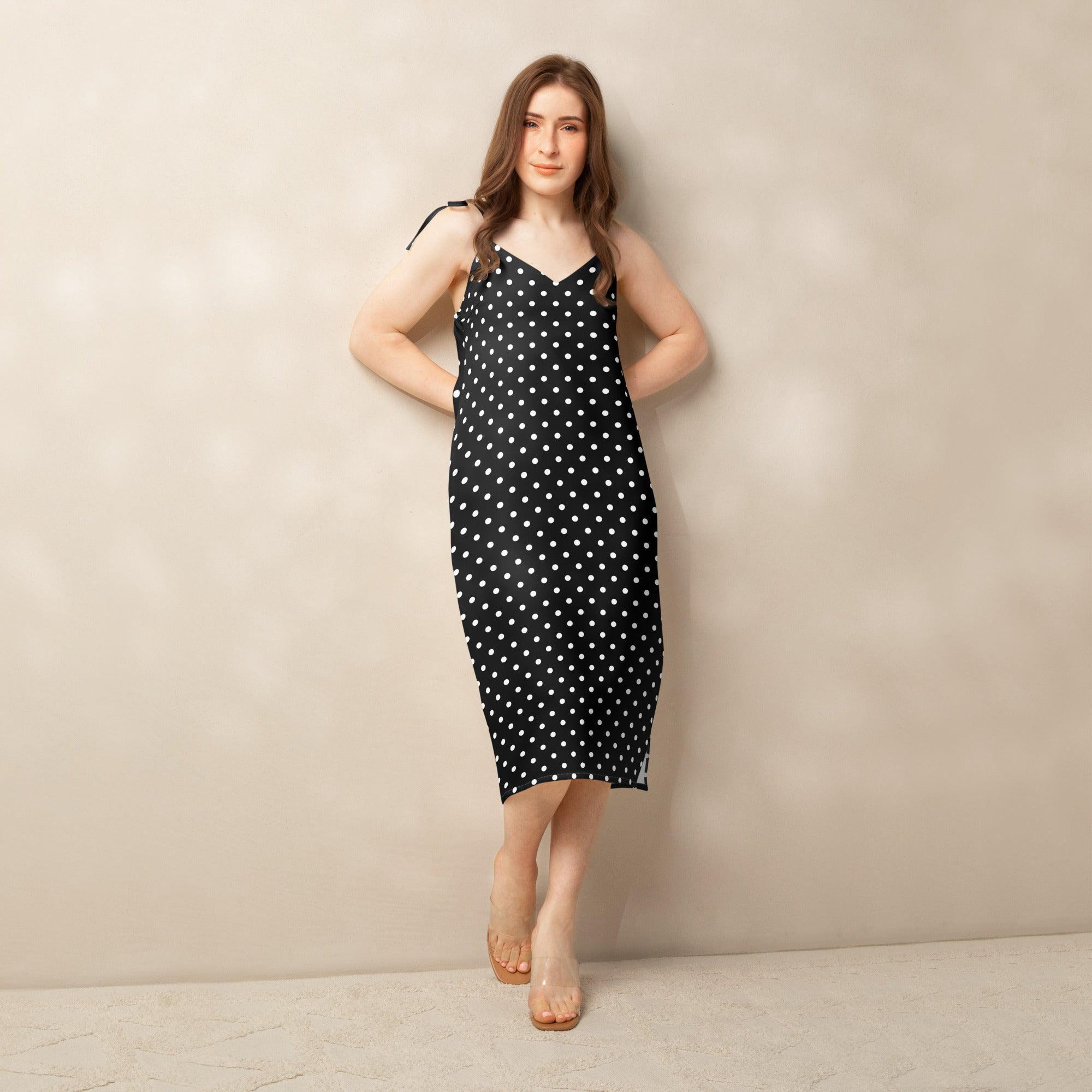Black and white Polka dot Tie-strap midi dress
