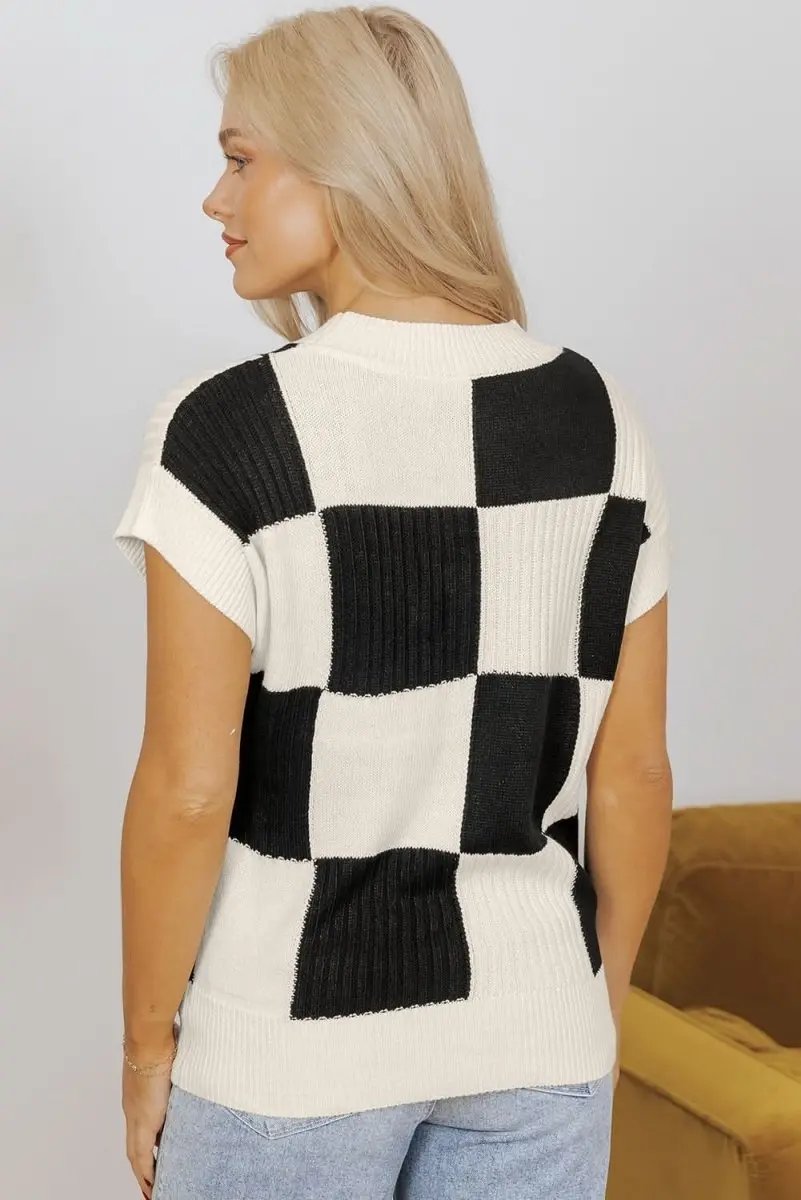 Love Salve Checkered Sweater Women&#39;s Casual Short Sleeve Knit Top - Soft &amp; Stylish