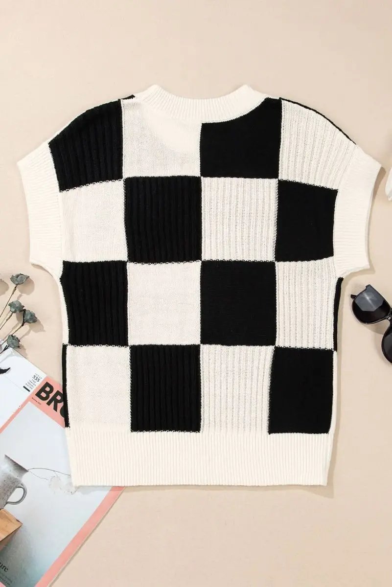 Love Salve Checkered Sweater Women&#39;s Casual Short Sleeve Knit Top - Soft &amp; Stylish