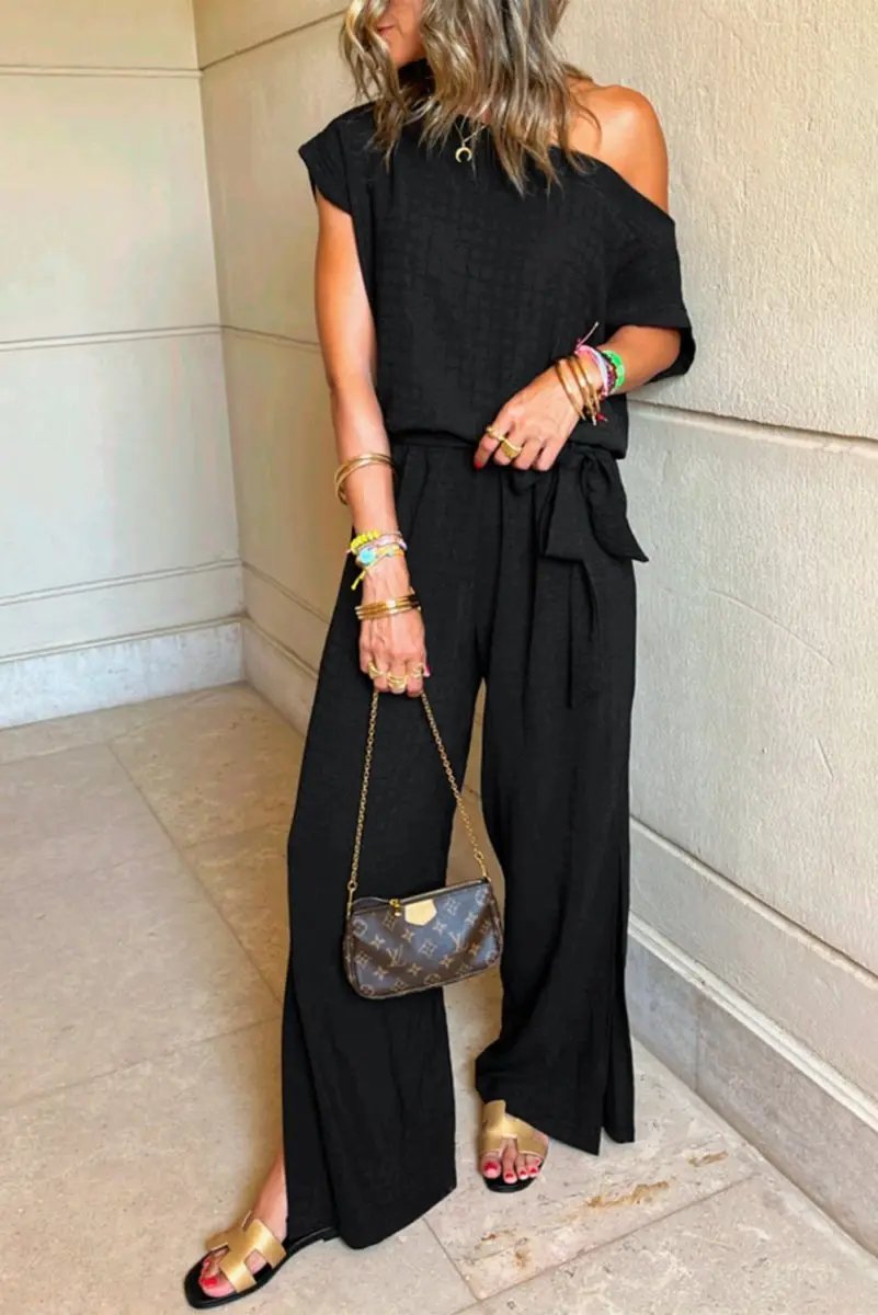 Love Salve Black Checkered Jumpsuit Women&amp;#39;s Daily Casual Wide Leg One-Shoulder Mesh Summer