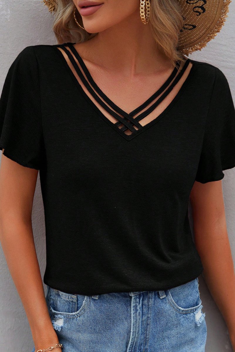 Black Crisscross V Neck Butterfly Sleeve T Shirt for Women