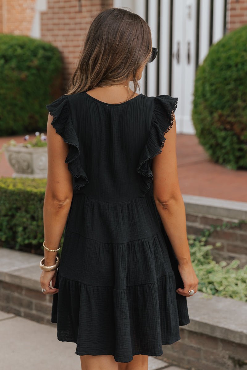 Black Embroidered Tiered Mini Dress