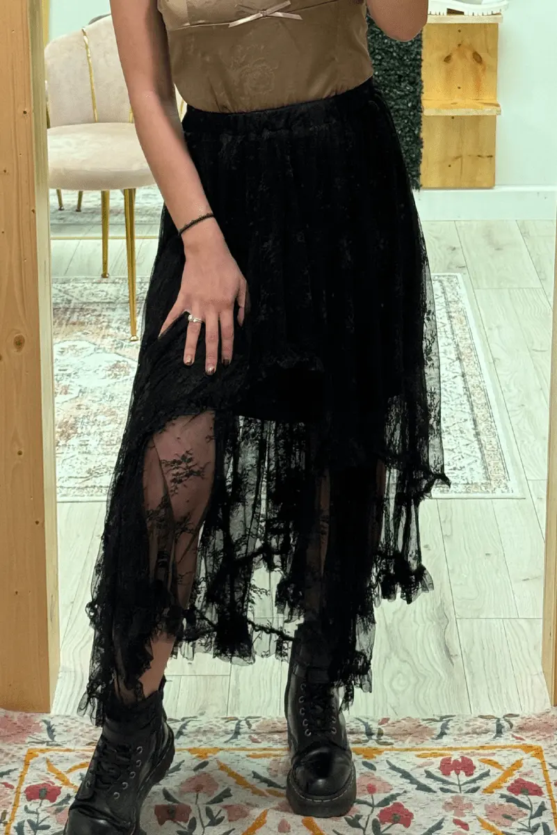 Love Salve Black Lace Maxi Skirt Women&amp;#39;s Rock/Western Style Tiered Skirt - High Waist, Spring