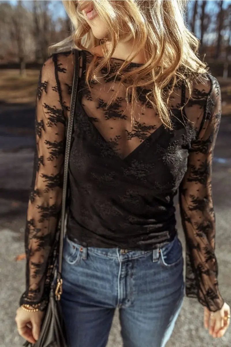 Love Salve Black Lace Blouse Women&amp;#39;s Mesh Crochet Slim Fit Top: Elegant &amp;amp; Flattering