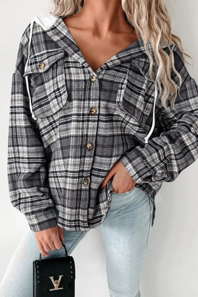 Love Salve Black Plaid Shacket Women&amp;#39;s Casual Winter Top: Hooded &amp;amp; Pockets
