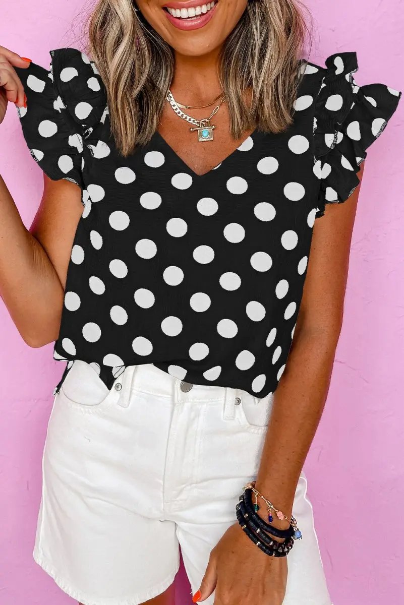 Love Salve Polka Dot Blouse Women&amp;#39;s Daily Wear Ruffle Sleeve V-Neck Top