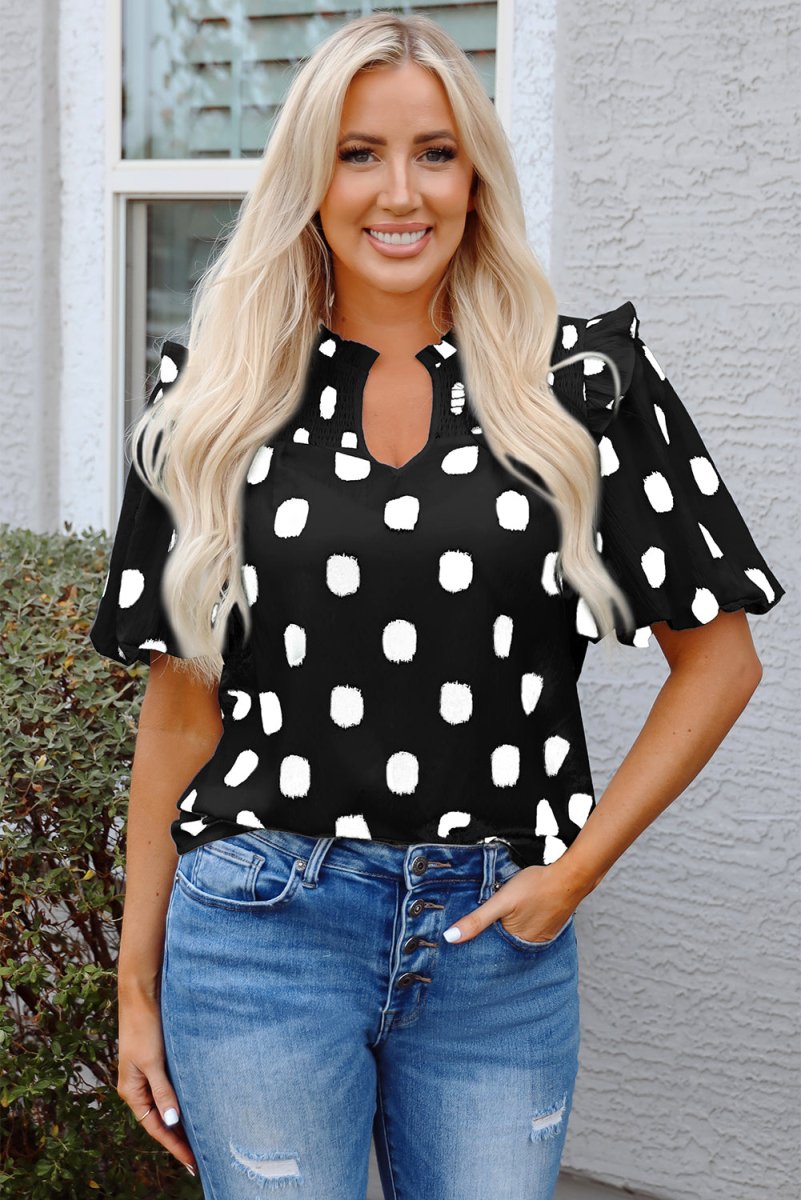 Black Polka Dot Print Shirred Yoke Notched Neck Blouse