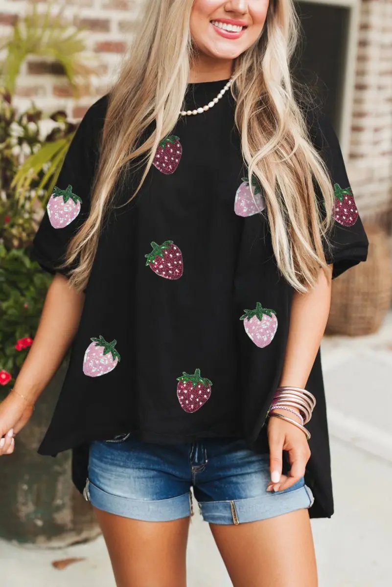 Love Salve Black Sequin Strawberry Tee Women&amp;#39;s Casual Top: Sparkly, Relaxed Fit