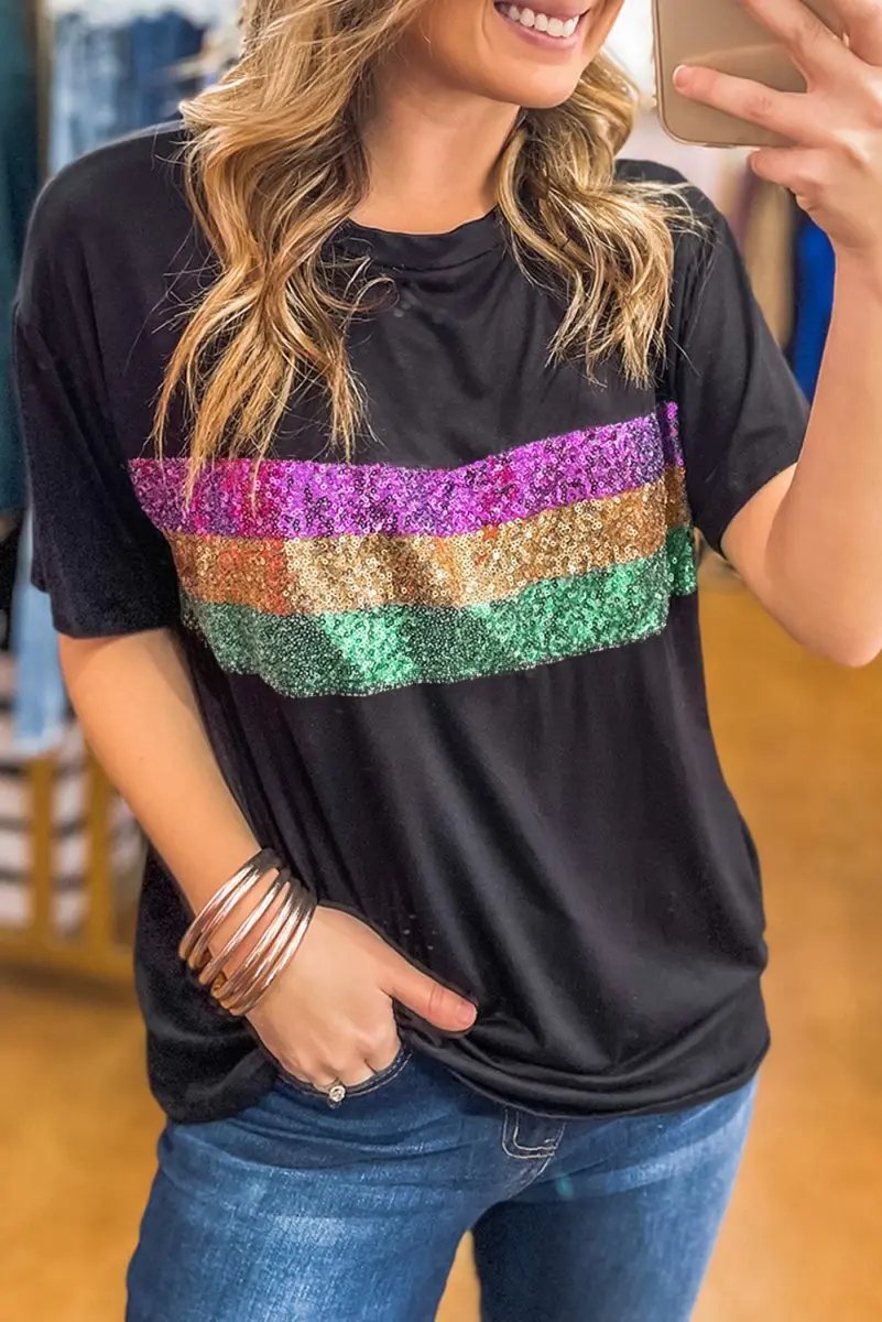 Love Salve Sequin Stripe Mardi Gras Women&amp;#39;s Crew Neck Tee Casual Top Sparkly