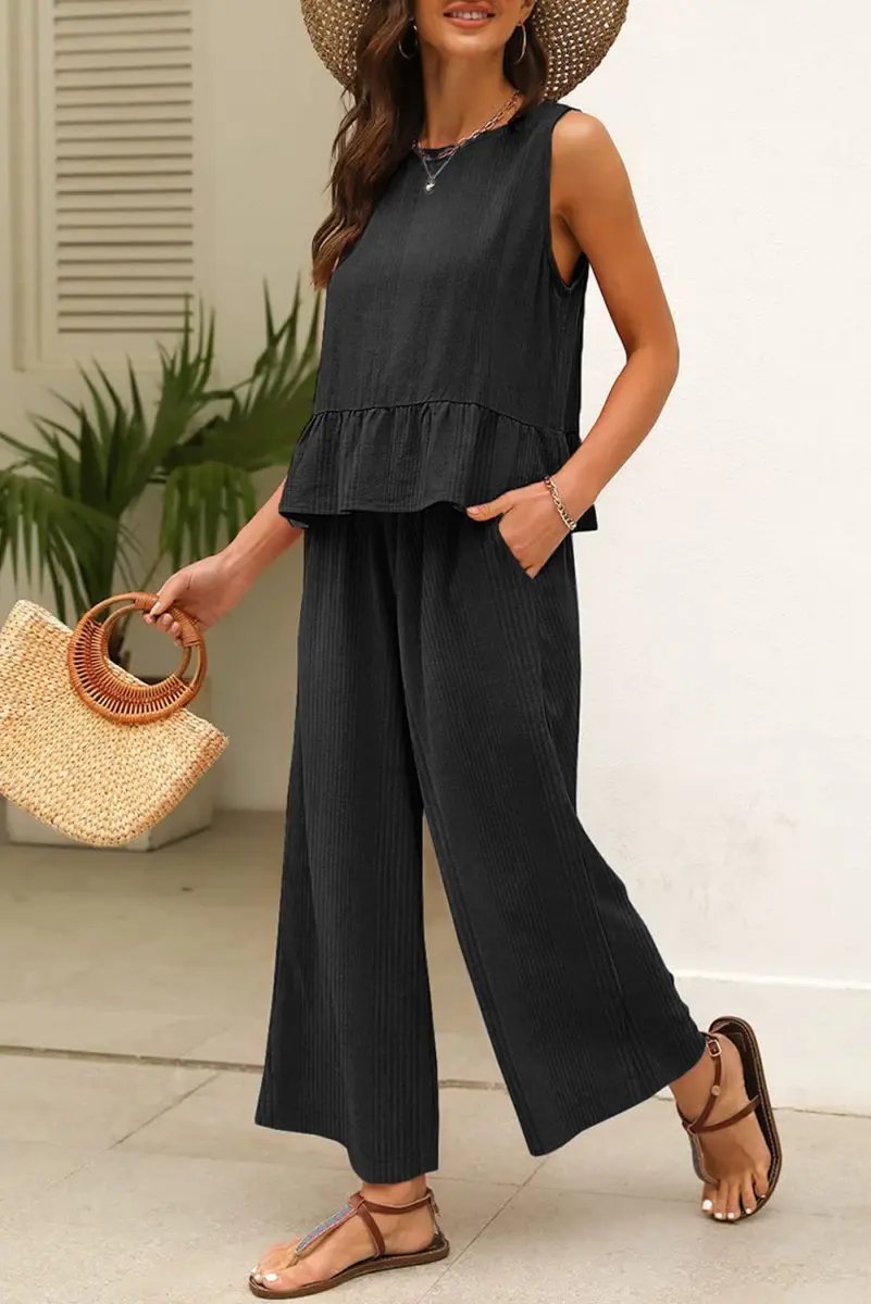 Love Salve Black Ribbed Set Women&amp;#39;s Daily Wear Tank Top &amp;amp; Pants Set: Ruffle Trim, Casual