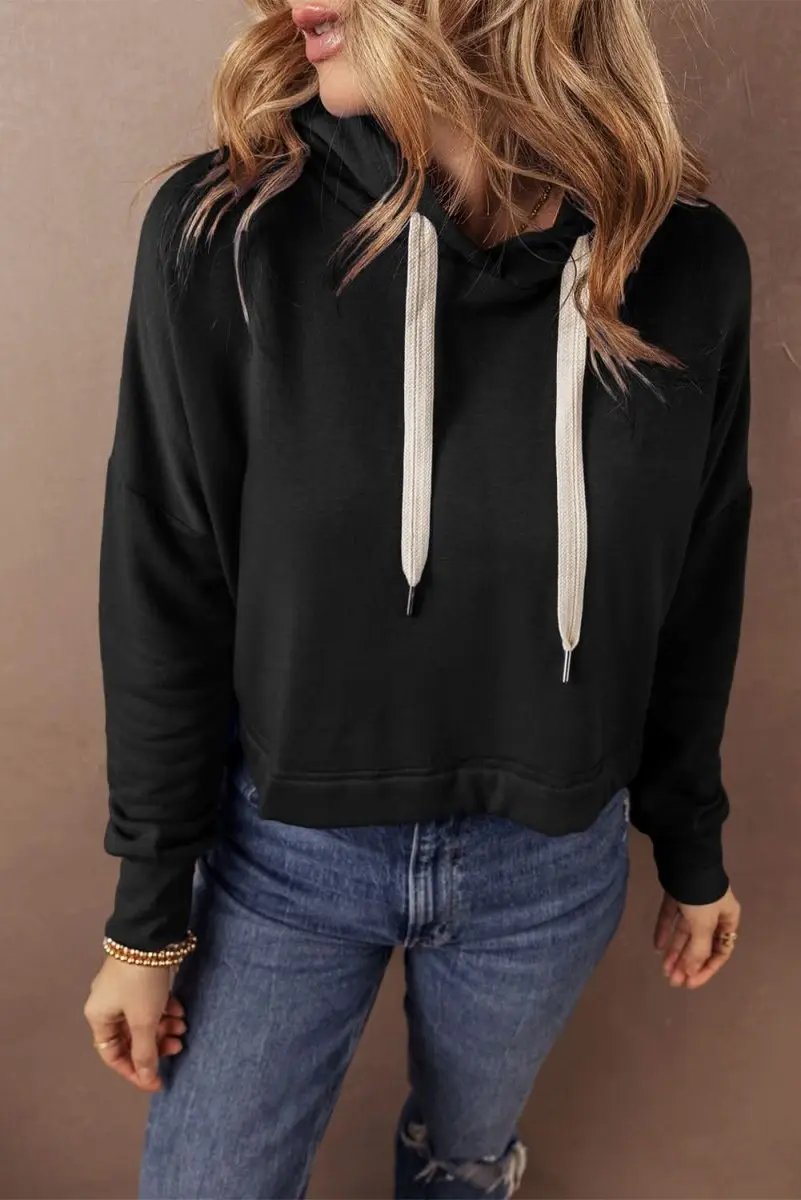 Love Salve Black Cropped Hoodie Women&amp;#39;s Daily Casual Drawstring Winter Top