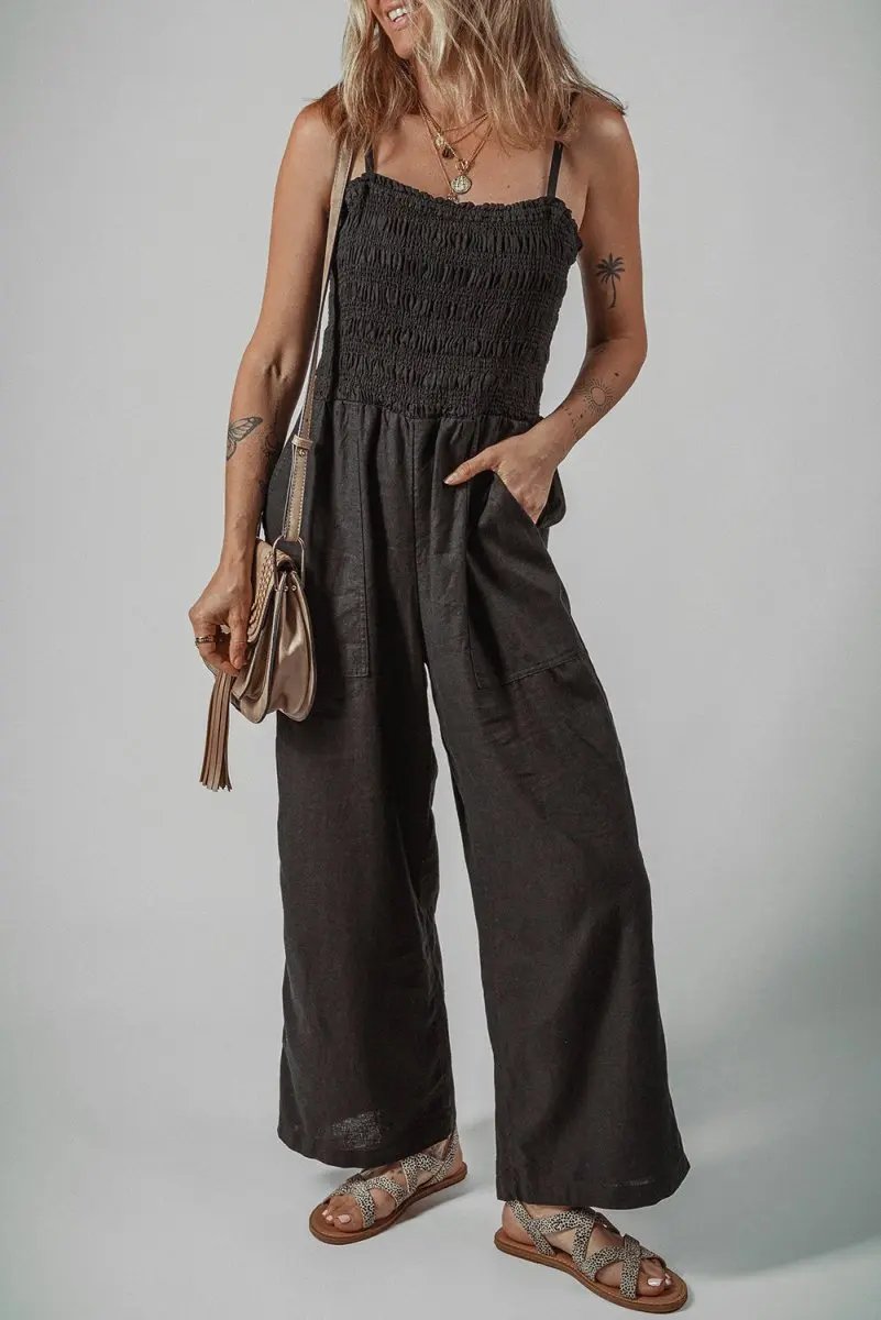 Love Salve Black Jumpsuit Women&amp;#39;s Daily Wear Wide Leg Cotton Linen Casual Style with Pockets