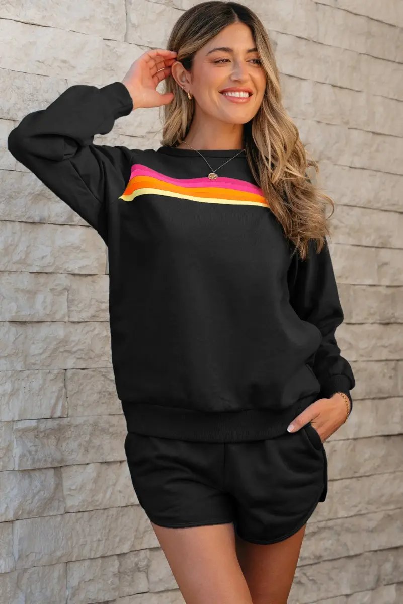 Love Salve Black Striped Pullover Set Women&amp;#39;s Casual Loungewear Two-Piece: Soft &amp;amp; Comfy