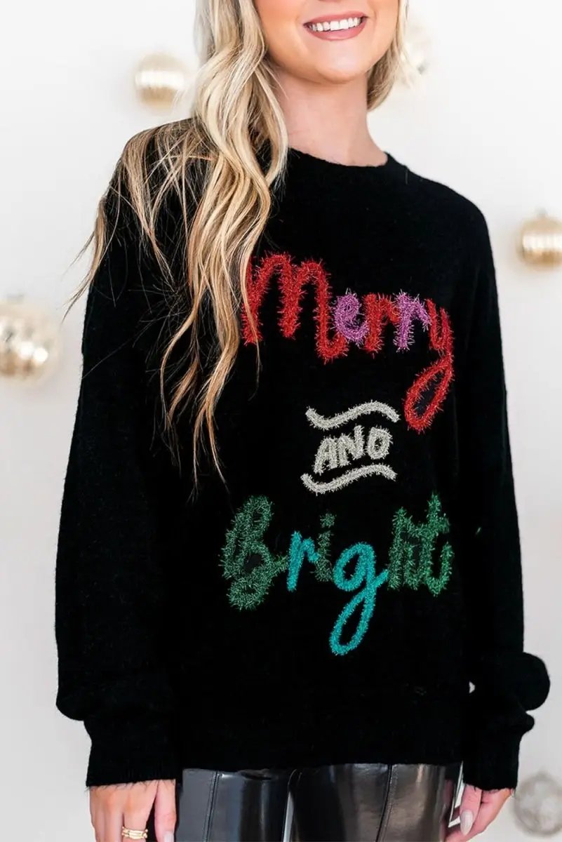 Love Salve Black Tinsel Christmas Party Women&amp;#39;s Sweater Festive, Sparkly