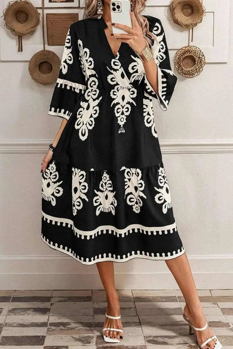 Love Salve Black Western Dress Women&amp;#39;s Vacation Midi Dress Bohemian Style, Comfy Fit