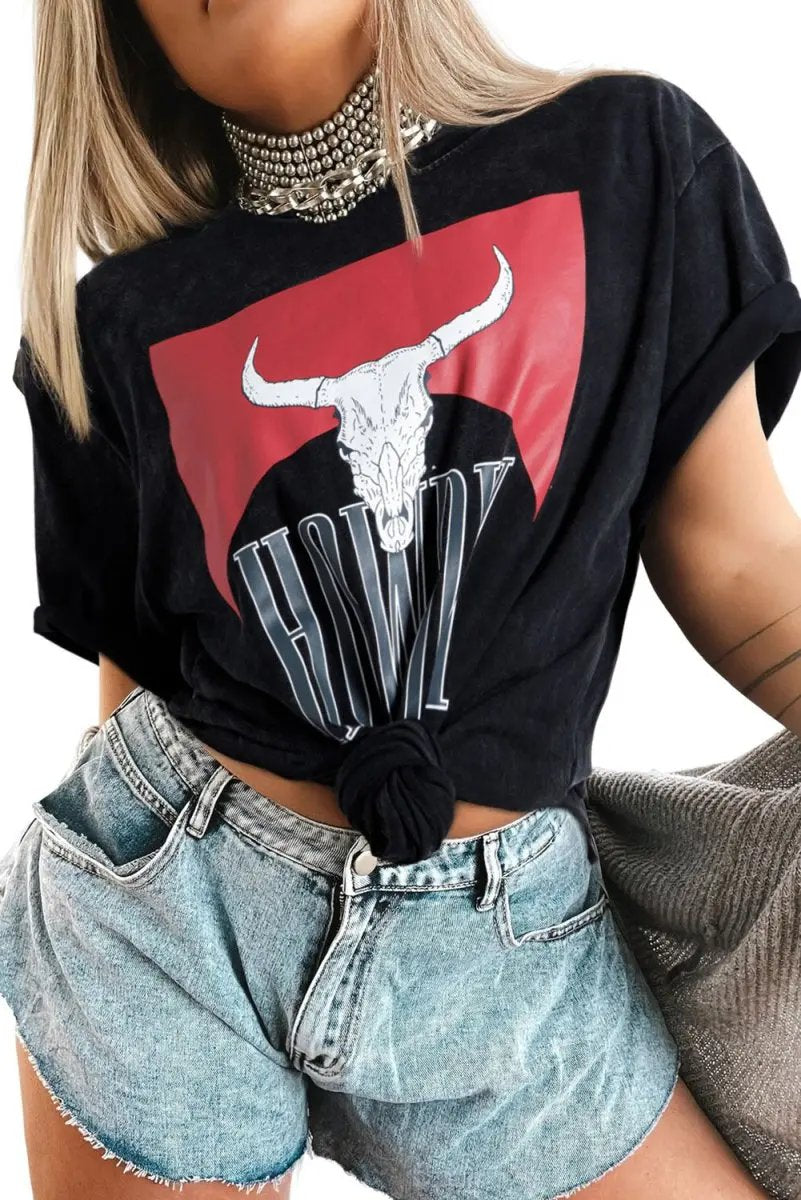 Love Salve Black Western Graphic Women&amp;#39;s Tee Casual Top Side Slits Soft