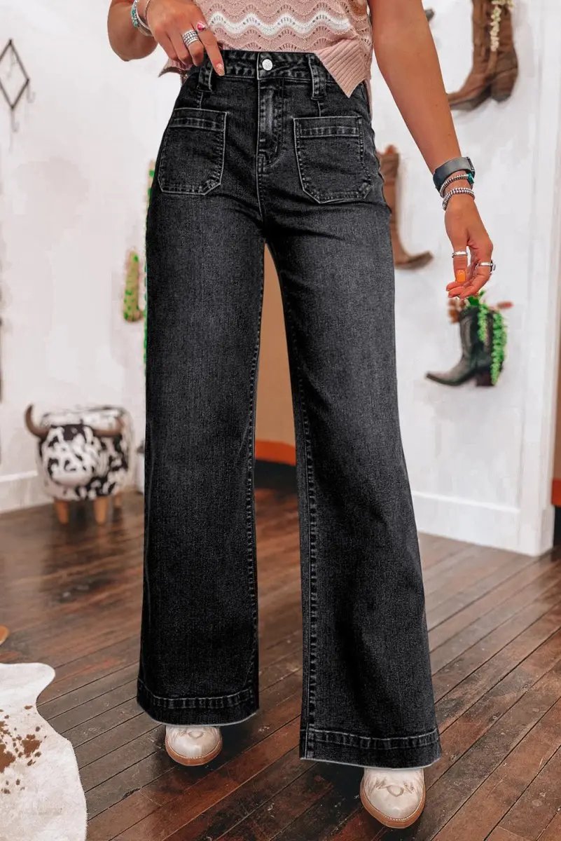 Love Salve Black Wide Leg Jeans Women&amp;#39;s Daily Casual Denim Pants - Pocketed, High Waist